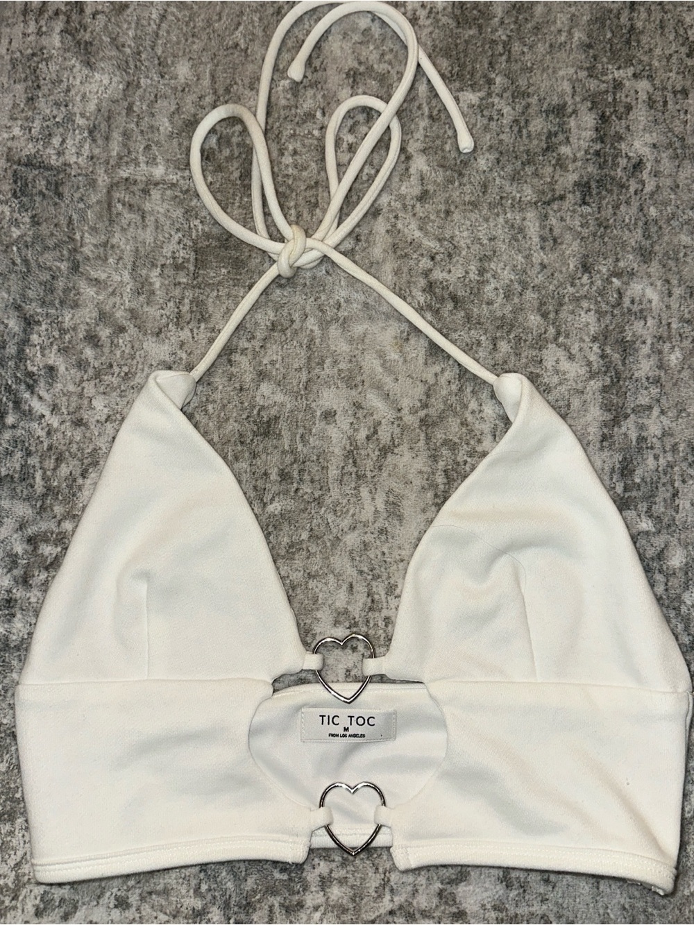 Tic Toc White Heart-Detail Halter Tie Crop Top